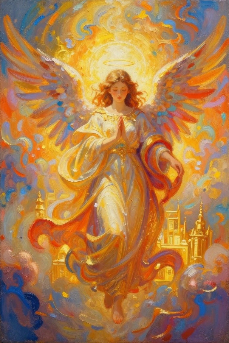 A painting of a winged female angel with a halo praying amid golden light swirls and domed golden buildings in the background.