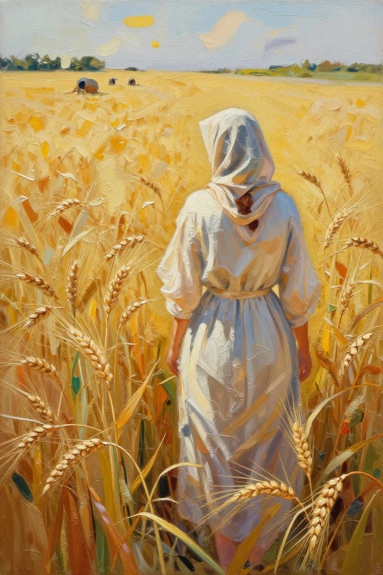 A rear view of a woman in white dress and headscarf walking through tall golden wheat field with haystacks, trees, and cloudy sky in the background.