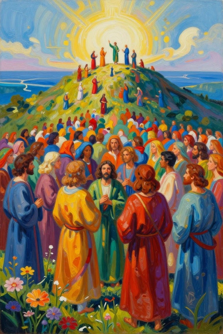 Colorful acrylic-style painting of Jesus on a green hill preaching to apostles and a large diverse crowd, with glowing yellow halo, flowers, and sea view in background.