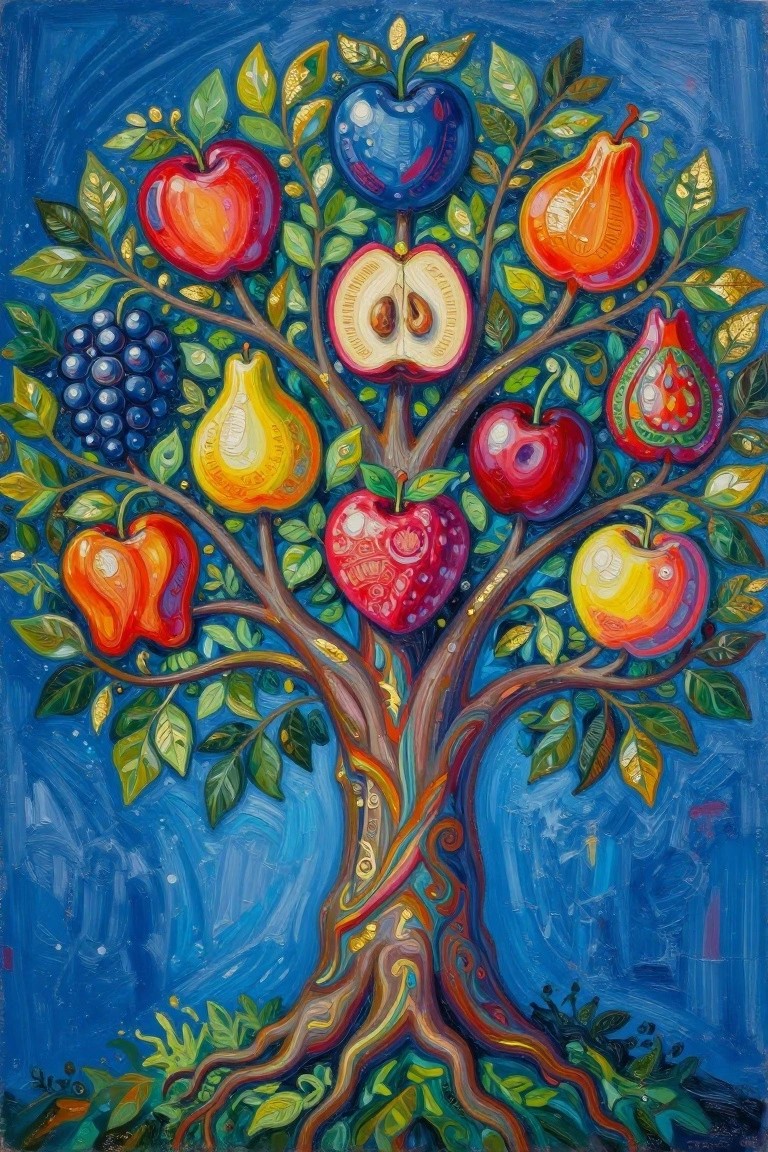 A stylized tree with twisting trunk and roots bears colorful fruits including blue red orange yellow apples pears and purple grapes against a blue background.