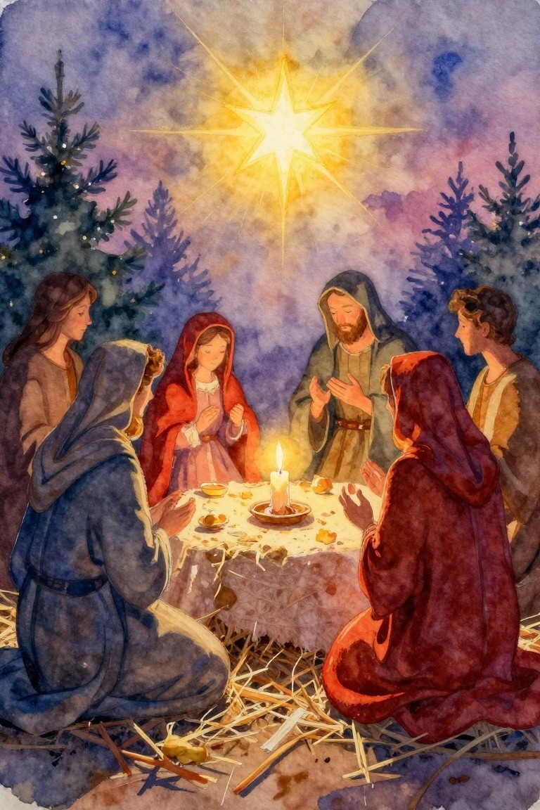 Watercolor Nativity scene with robed figures kneeling around a candlelit table of bread and fruit under a bright star amid pine trees at night.