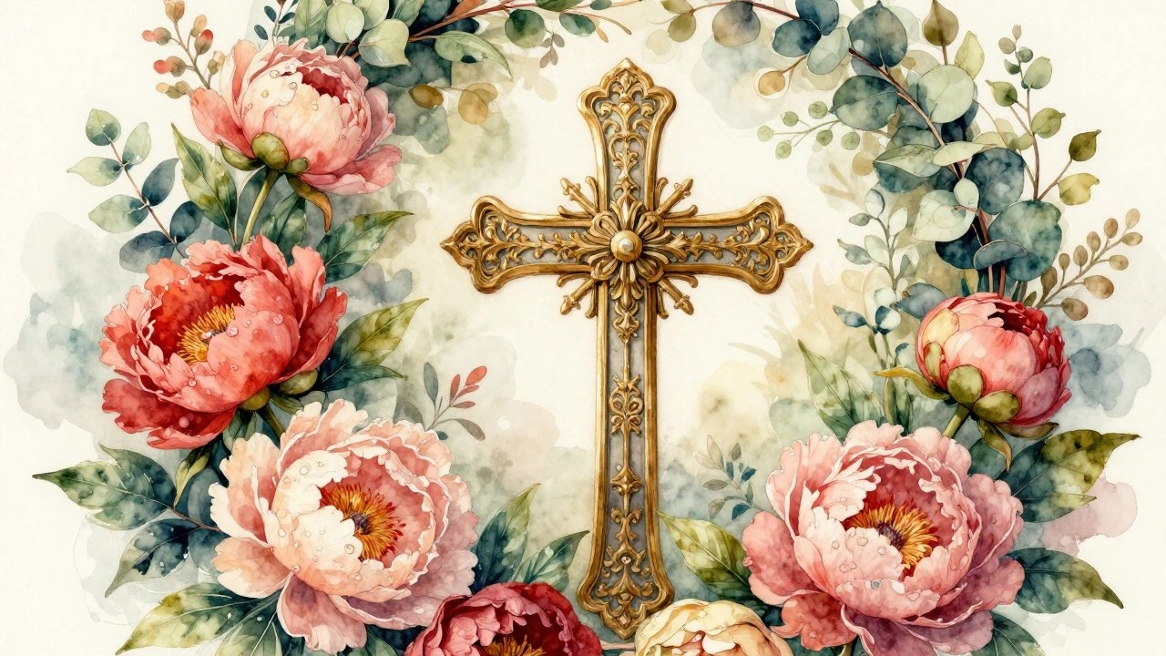 Watercolor artwork of an ornate golden cross centered amid pink, white, and red peonies with green leaves on a pale background.