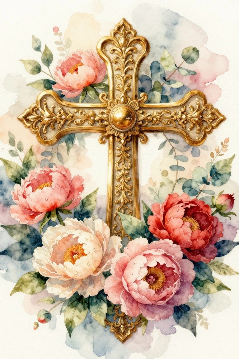 Watercolor artwork of an ornate golden cross centered amid pink, white, and red peonies with green leaves on a pale background.