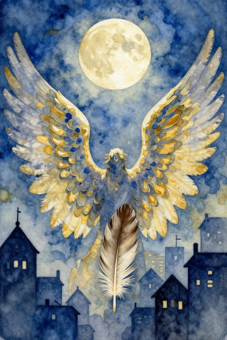 Watercolor of a large golden eagle with spread wings ascending under a full moon, a feather trailing below, and dark rooftops with a church steeple in the background.