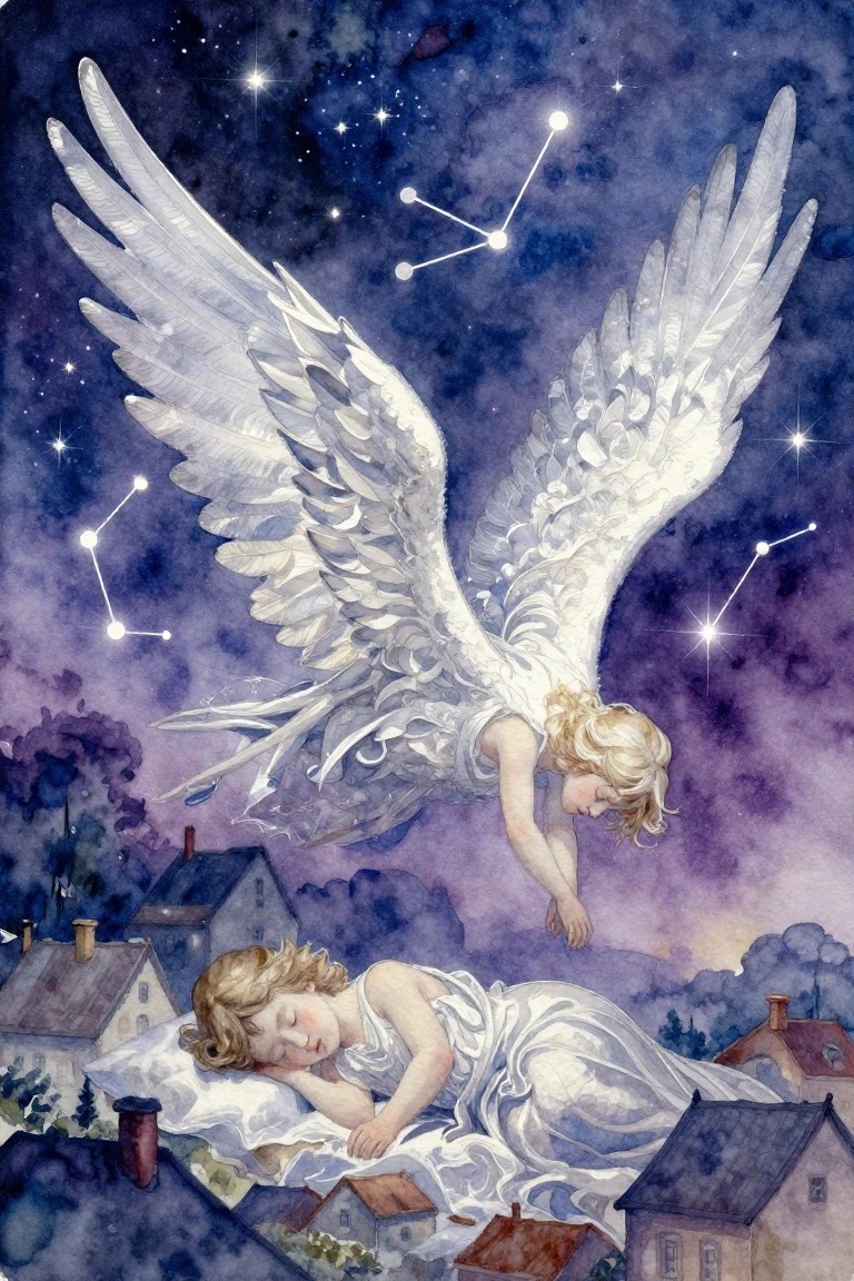 Watercolor painting of a winged angel hovering over a sleeping child on a rooftop under a starry night sky with constellations.