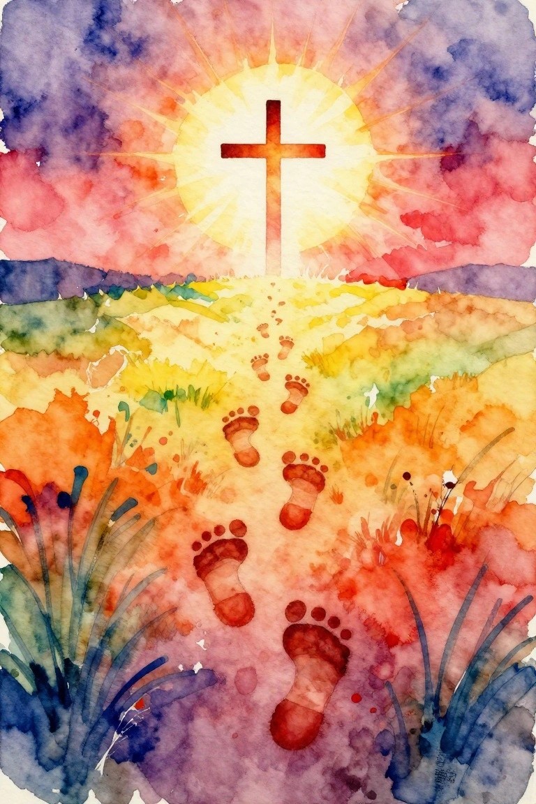 Watercolor-style landscape painting of footprints leading through colorful fields to a glowing cross in the sun over distant hills.