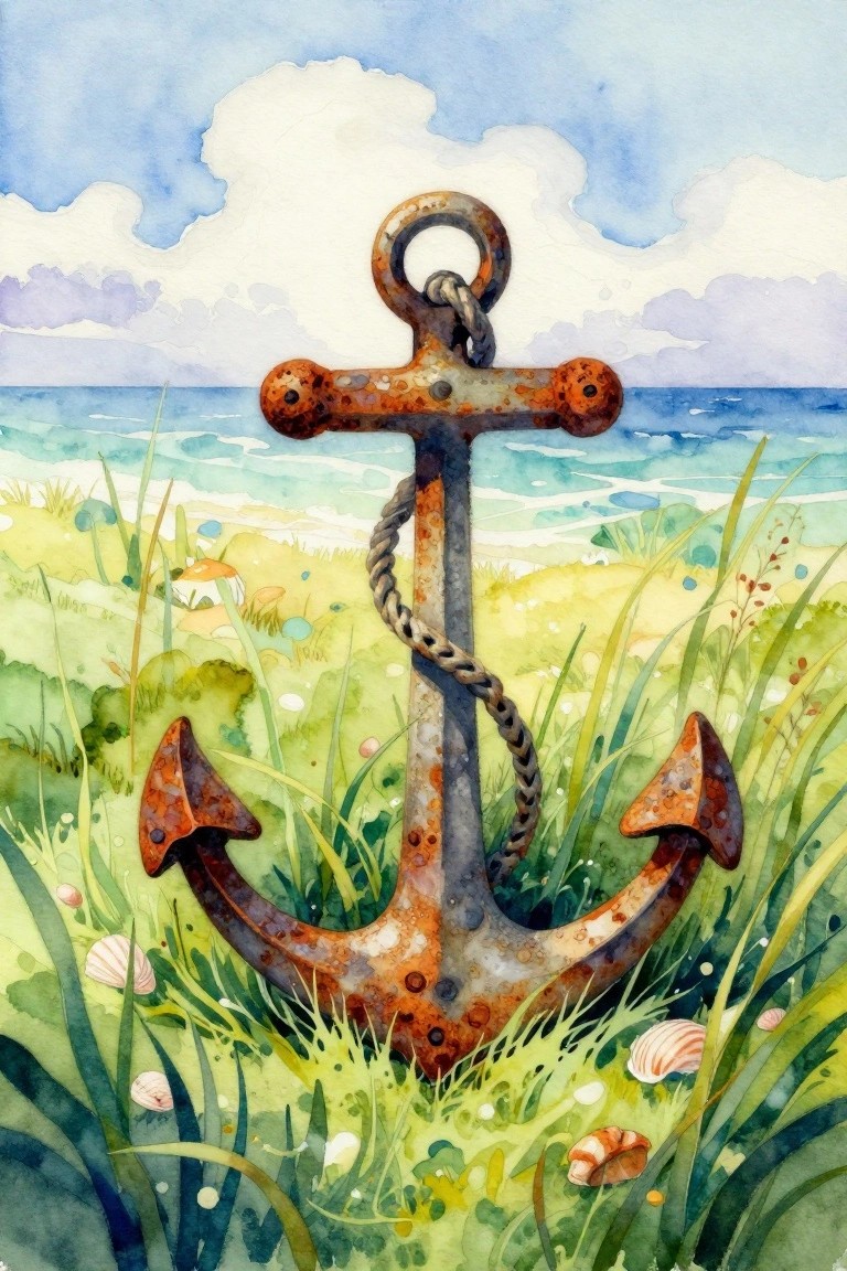 Watercolor painting of a rusty anchor standing in green beach grass with ocean horizon, shells, and clouds in the background.
