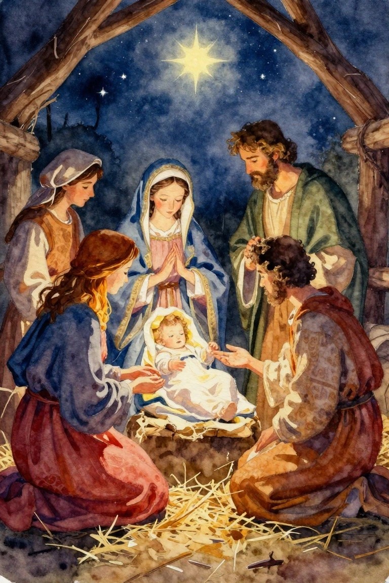 Watercolor Nativity scene featuring baby Jesus in a manger surrounded by Mary, Joseph, shepherds, and women under a bright star in a wooden stable.