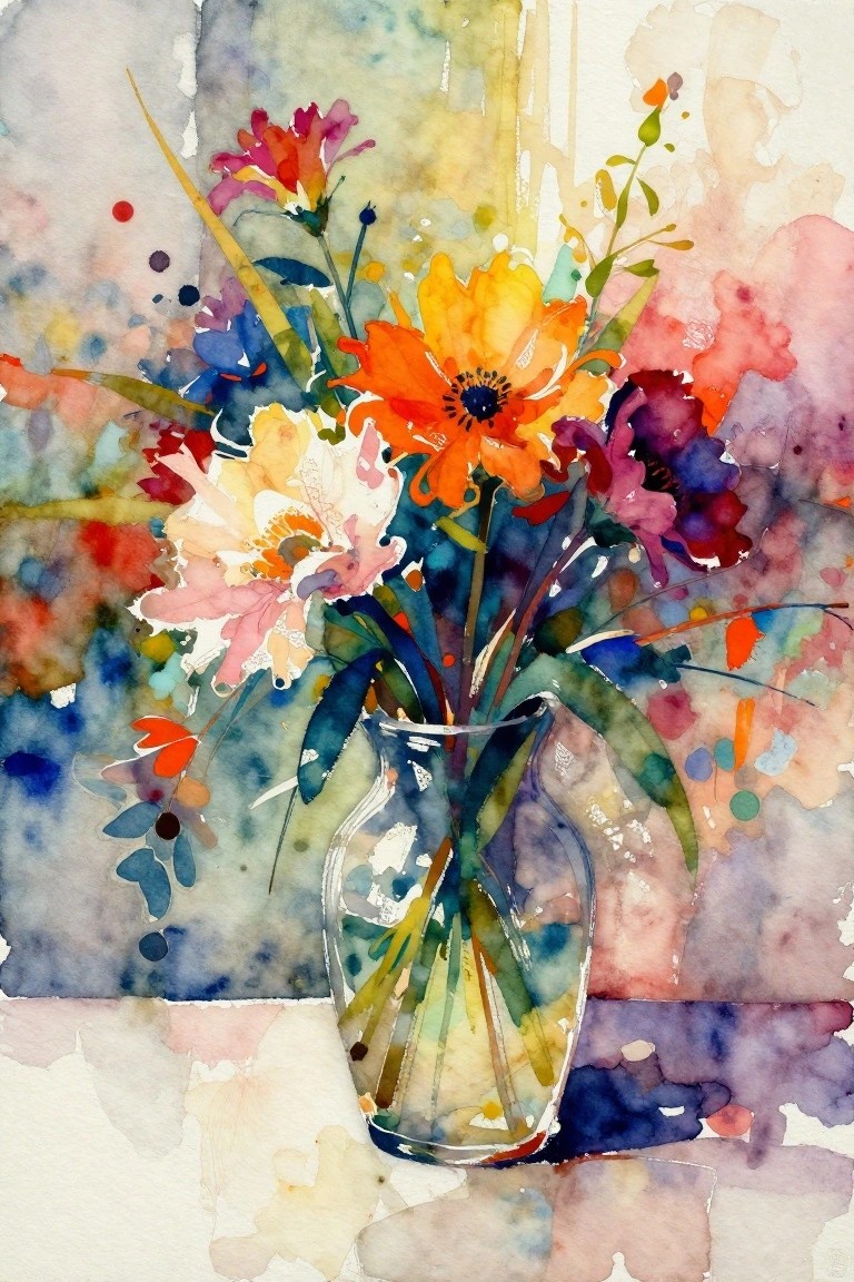Watercolor still life of a colorful mixed flower bouquet in a clear glass vase against a light background.