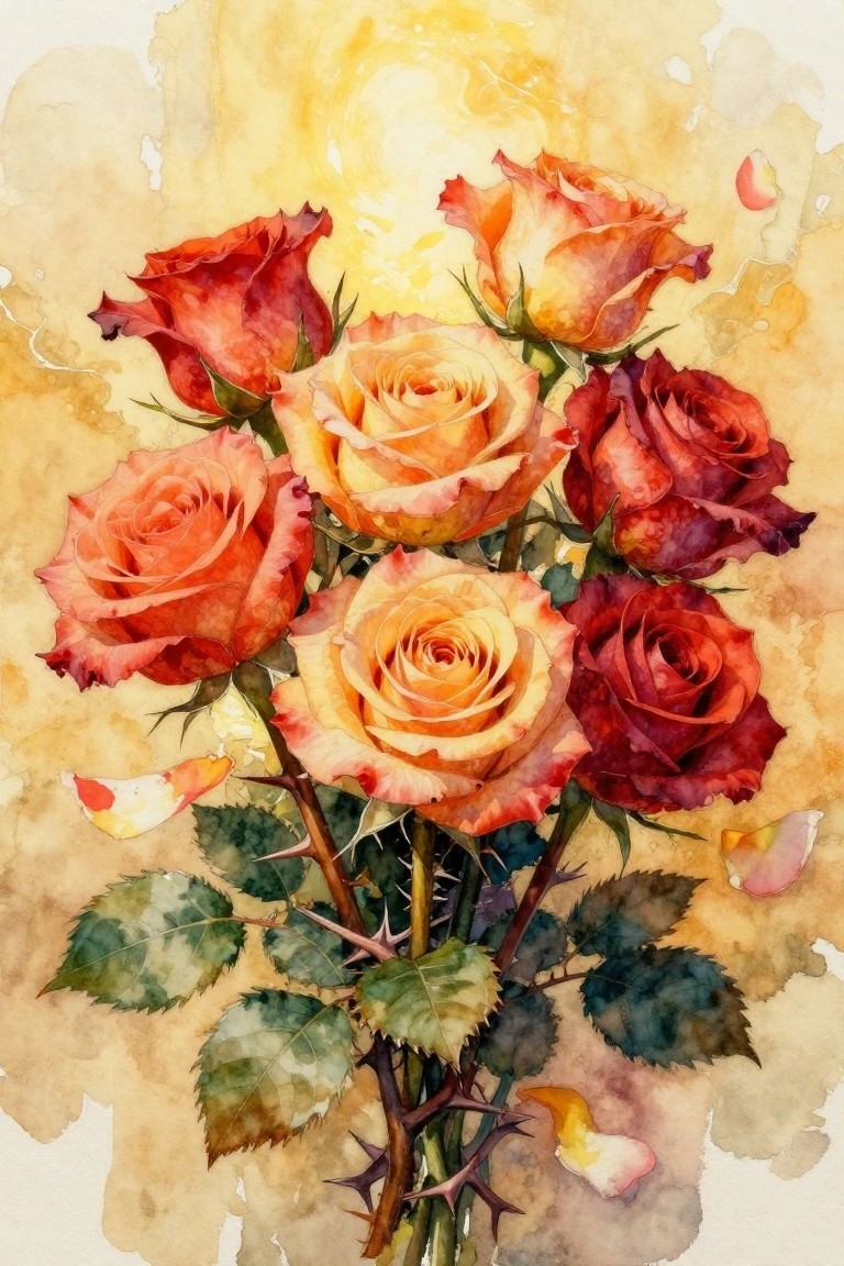 Watercolor painting of a bouquet of orange, peach, and red roses with thorny stems, green leaves, and floating petals on a warm yellow background.
