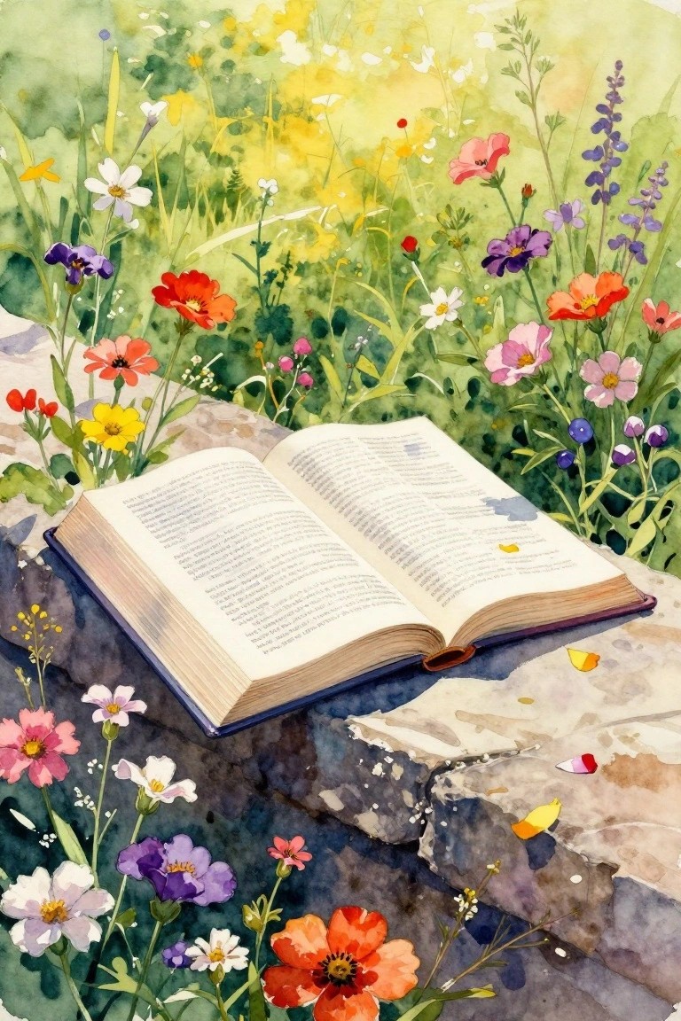 Watercolor of an open book on a stone wall surrounded by colorful wildflowers.