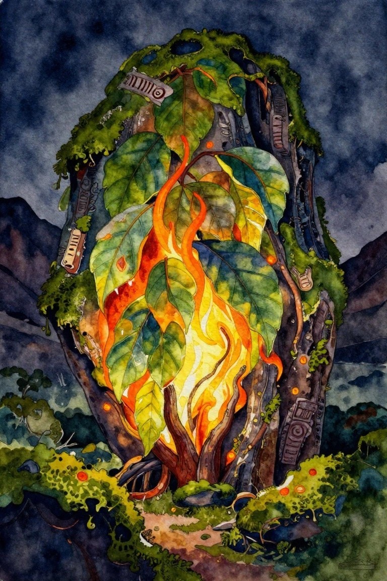 Watercolor of a moss-covered stone ruin with carved symbols and a central bush of green leaves with yellow-orange flames in a dark jungle landscape.