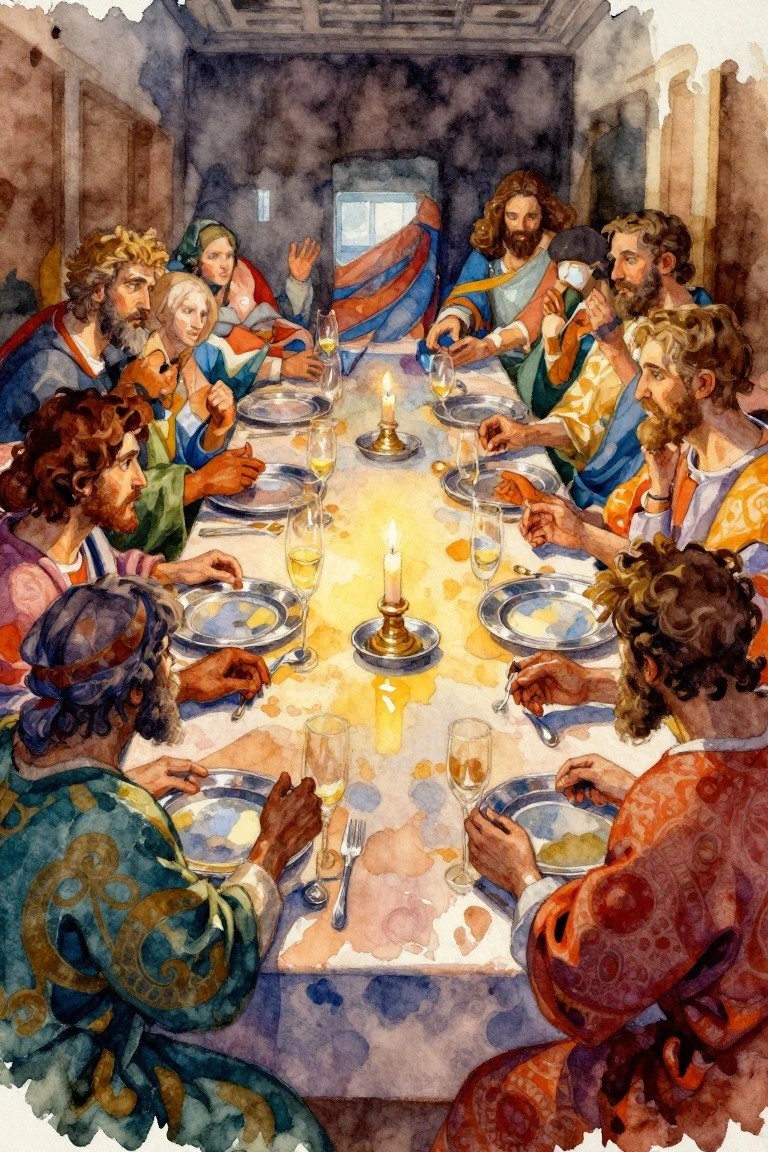Watercolor painting of Jesus and apostles at a candlelit Last Supper table with plates, glasses, and robes.