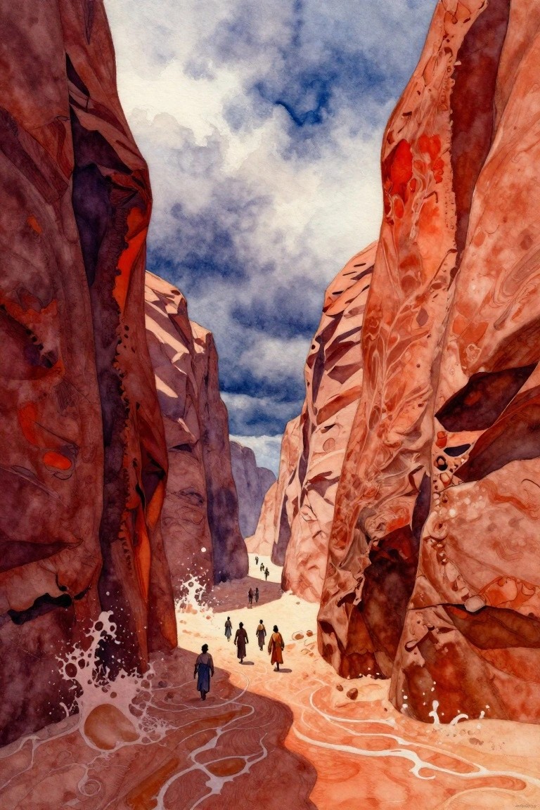 Watercolor painting of small robed figures walking a sandy path in a narrow red rock canyon under stormy skies with white water splashing nearby.