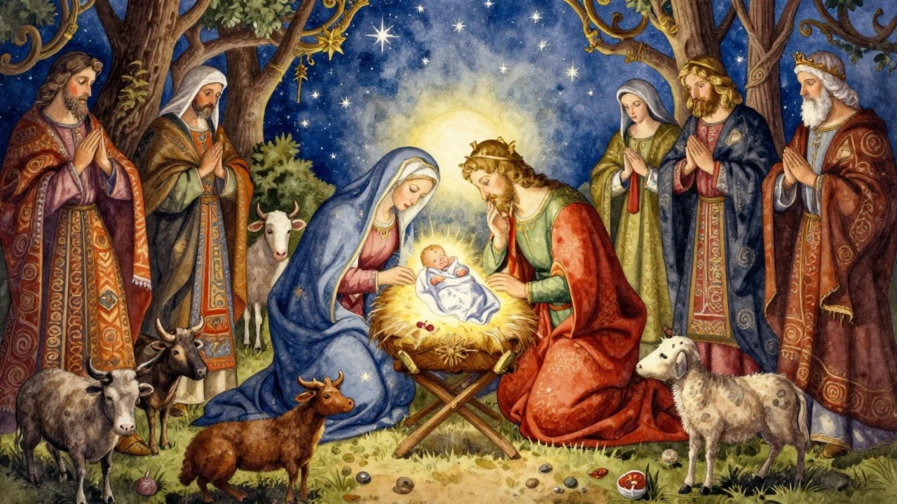 Watercolor-style Nativity scene with Mary holding baby Jesus, Joseph, shepherds, wise men, sheep, a glowing manger, and a bright star in a dark starry sky.