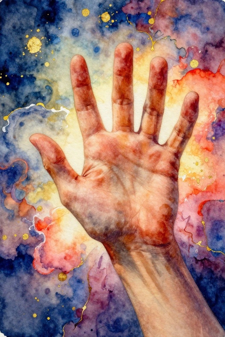 Watercolor of a right hand palm forward with golden glow against a purple-blue nebula background dotted with gold flecks and red-orange splashes.
