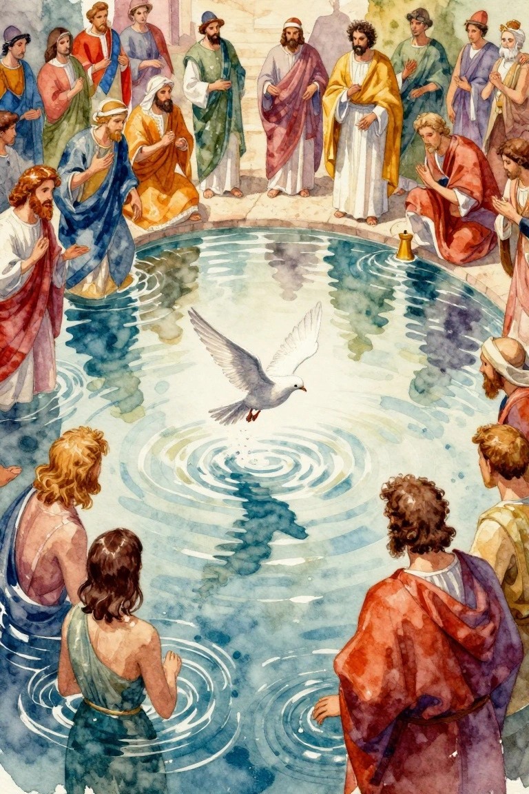 Watercolor painting of John the Baptist baptizing Jesus in a round pool with a dove above, surrounded by disciples in robes.