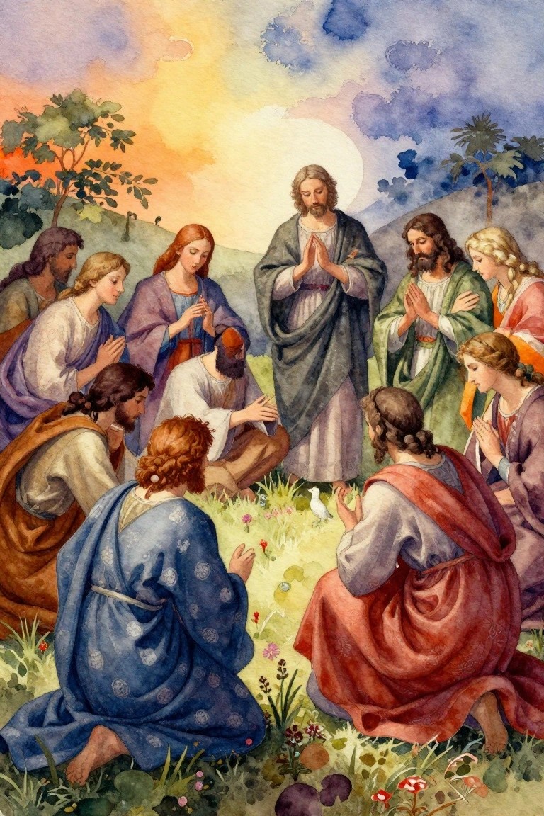 Watercolor of Jesus with halo praying centrally, surrounded by robed disciples kneeling in a grassy circle at sunset with flowers, dove, palms, and hills.