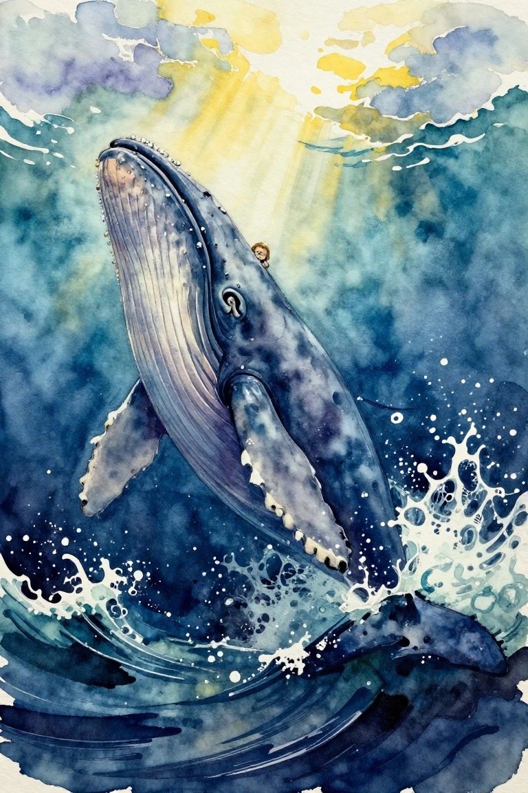 Watercolor of a humpback whale breaching ocean waves with a boy on its head under golden light rays from clouds.