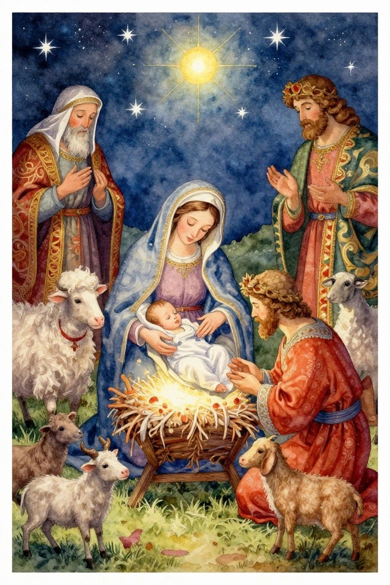 Watercolor-style Nativity scene with Mary holding baby Jesus, Joseph, shepherds, wise men, sheep, a glowing manger, and a bright star in a dark starry sky.