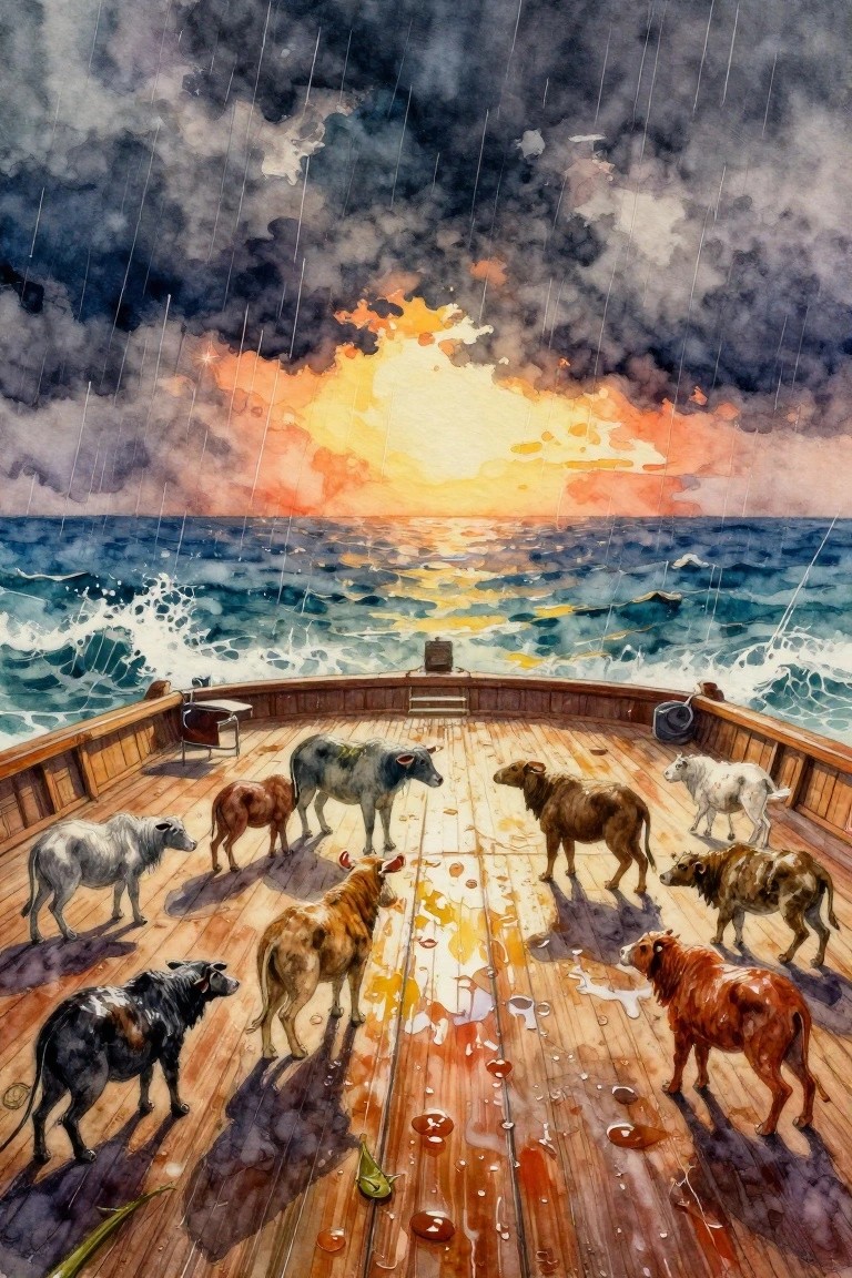 Watercolor of cows and sheep on a ship's deck facing stormy seas and sunset with rain and waves.