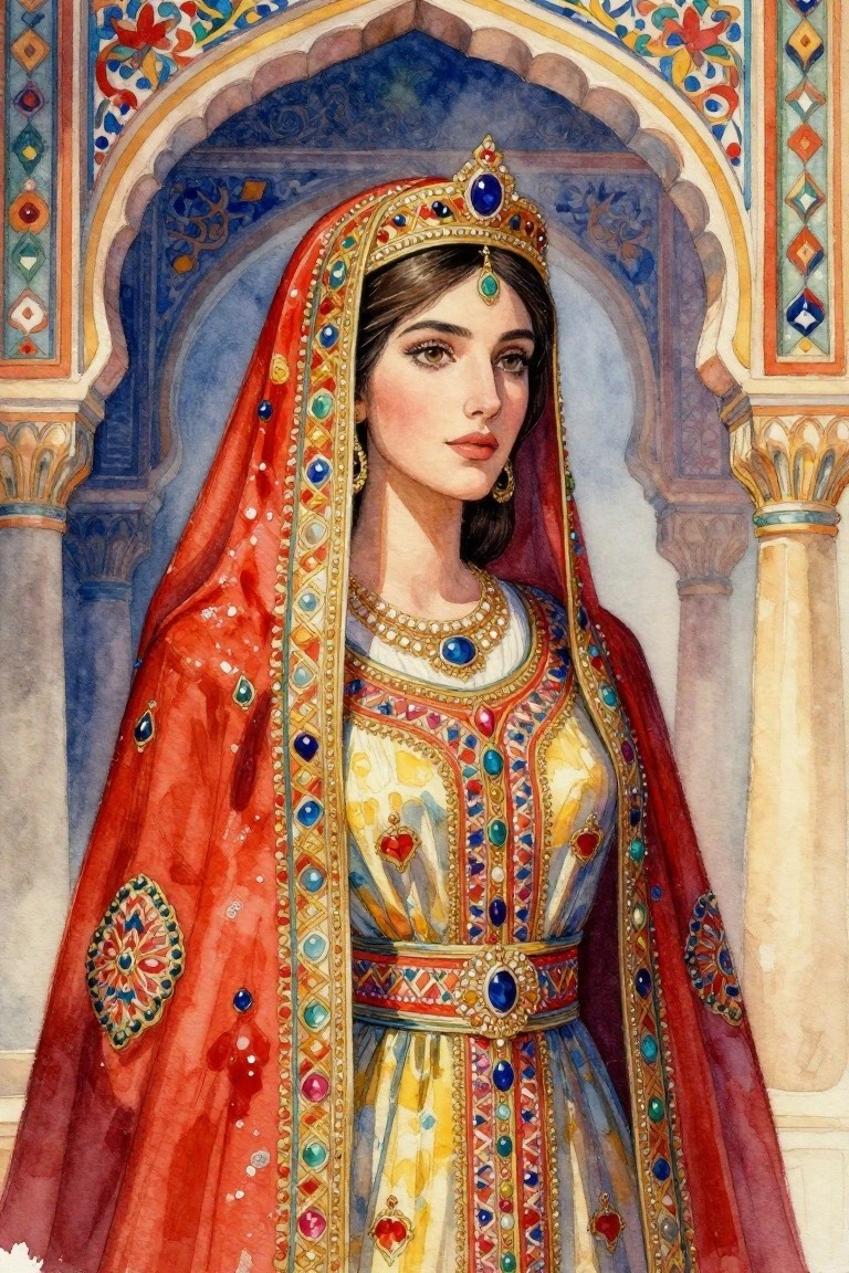 Watercolor portrait of a crowned woman in red and gold embroidered gown with jewels, standing in a blue-arched palace doorway.