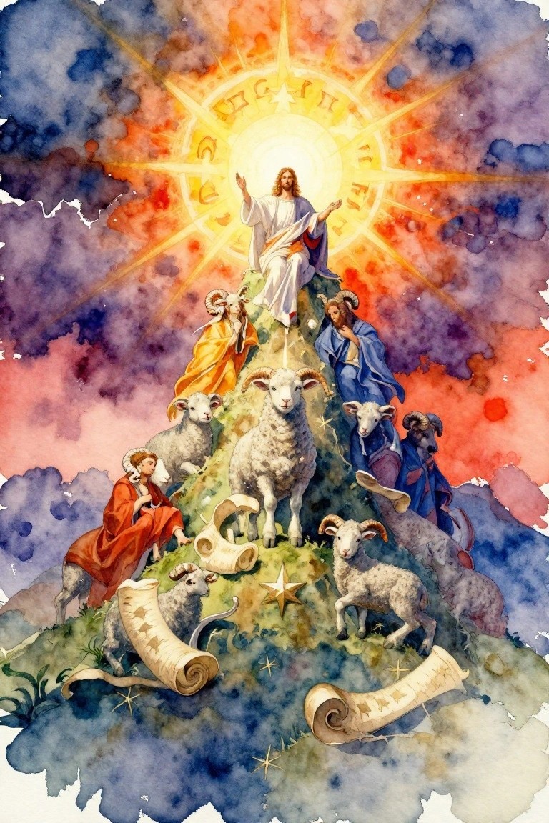 Watercolor artwork depicting Jesus in a radiant sun halo above robed apostles and a mountain formed by sheep and rams.