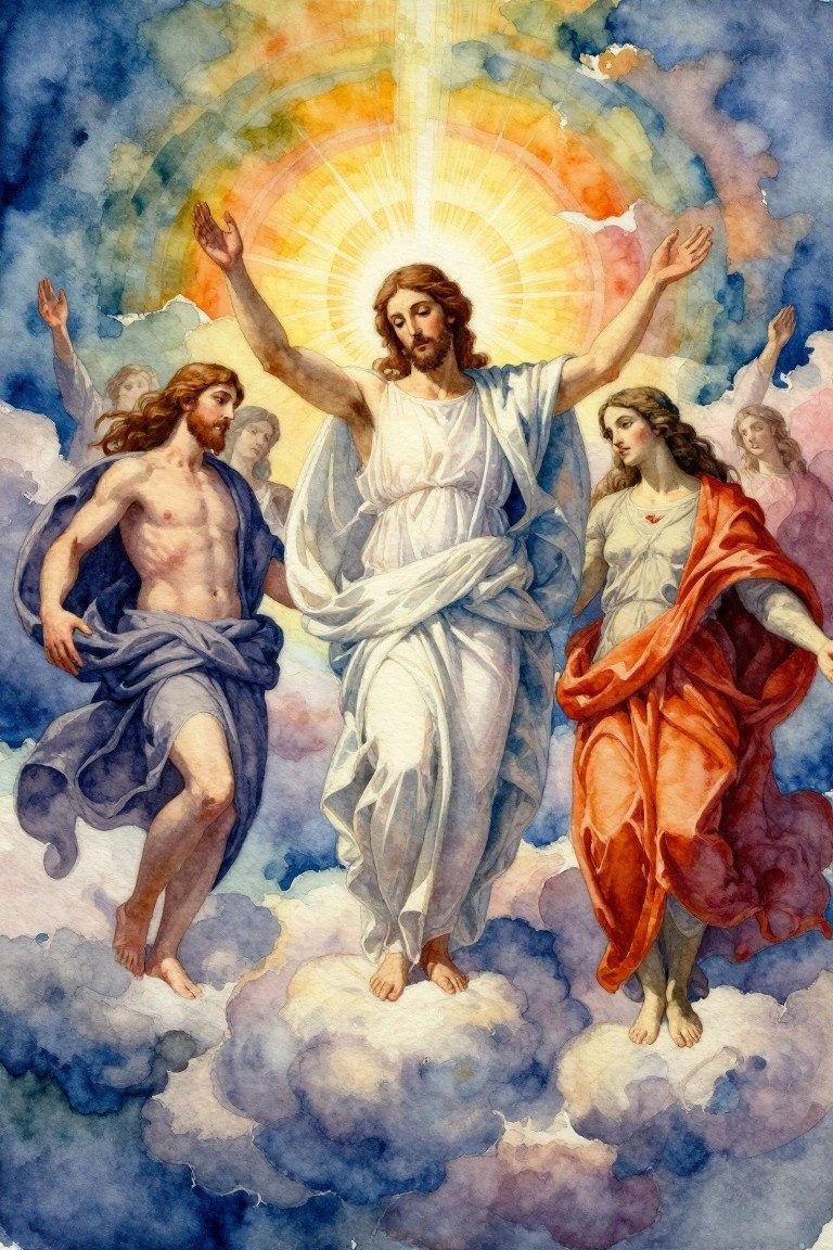 Watercolor-style painting depicting the Holy Trinity with central Jesus in white, God the Father in blue on the left, Holy Spirit in red on the right, surrounded by clouds, light rays, and angels.