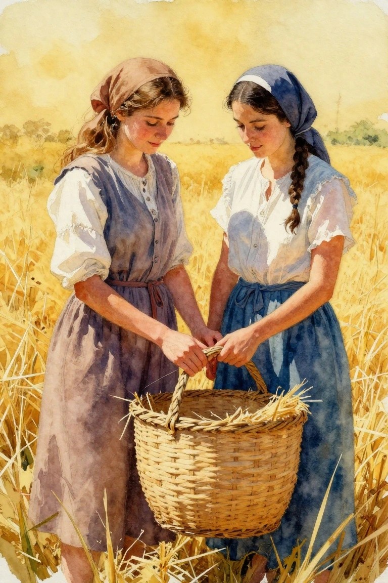 Watercolor of two women in earth-toned dresses and headscarves holding hands over a wheat-filled basket amid golden fields.
