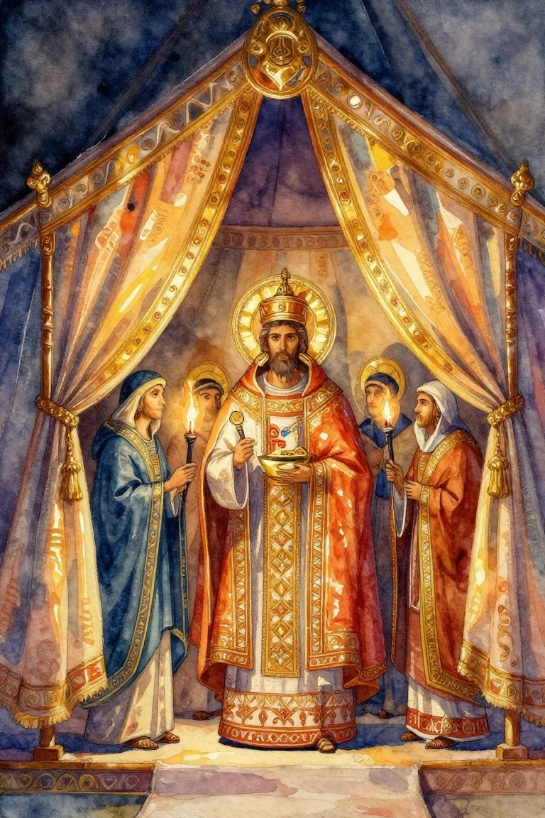 Watercolor of a haloed bearded bishop in red and gold robes holding liturgical vessels, surrounded by candle-holding attendants under a golden tent canopy.