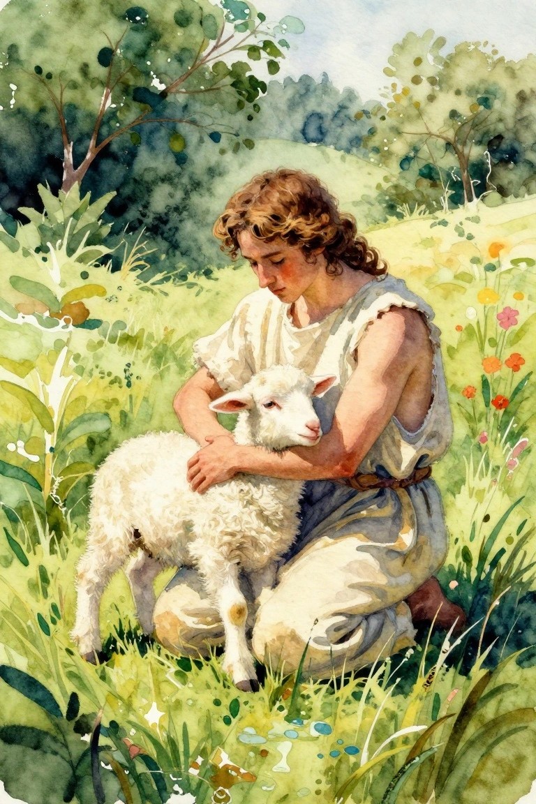 Watercolor of a curly-haired young man in white tunic kneeling to hug a white lamb amid green field, trees, and flowers.