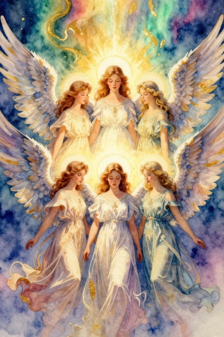 Watercolor painting of five female angels with white wings and halos arranged symmetrically around a central golden light burst on a dark cosmic background.