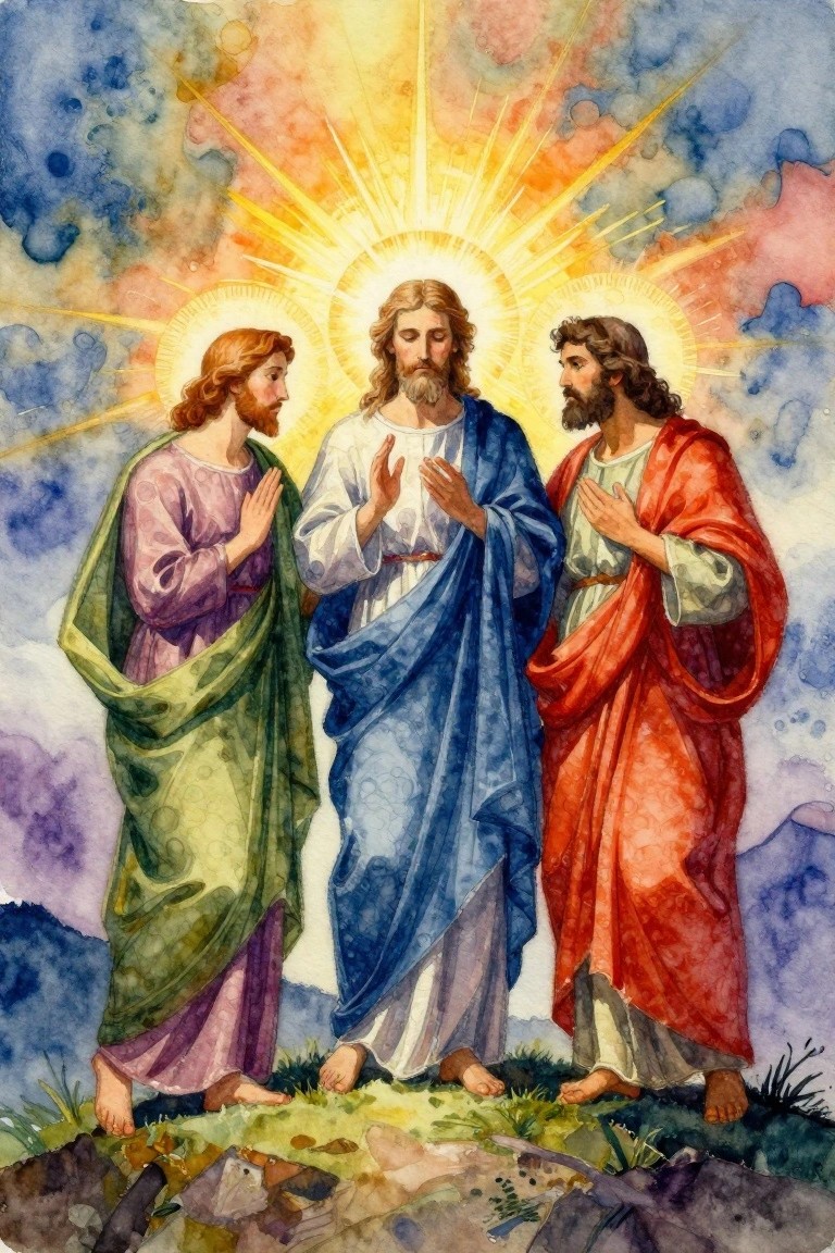 Watercolor painting of three haloed biblical figures—Jesus in blue at center, one in purple-green robe left, one in red right—standing on rocks with golden light rays and mountain background.