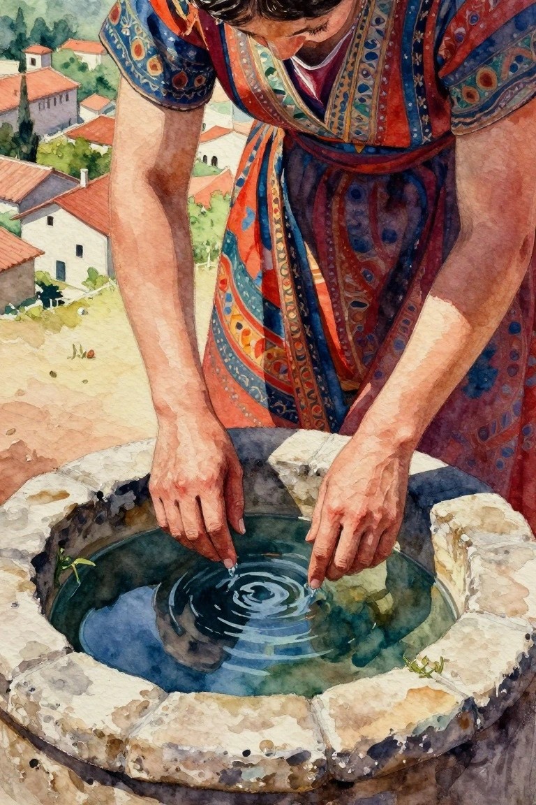 Watercolor painting of a woman in patterned orange dress dipping her hands into a stone well, ripples forming in the water, with terraced village and hills behind.