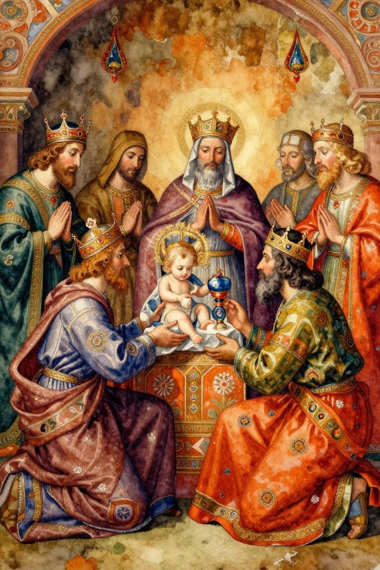 Vintage-style painting of three kings in elaborate robes adoring baby Jesus held by Mary, with Joseph present, under a glowing arch.