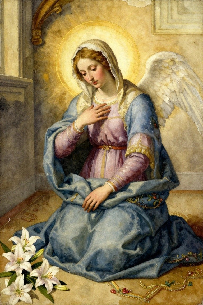 Painting of the Virgin Mary kneeling in blue robes with hands clasped over her chest, golden halo around her head, white angel wings behind her, lilies and jewelry on the floor in a sunlit room.