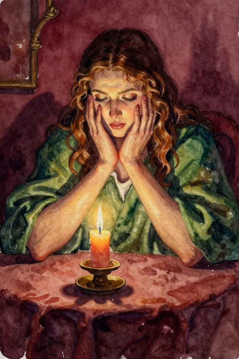 Watercolor portrait of a red-haired woman in green robe resting her face in her hands, lit by a candle on a table in a dark red room.