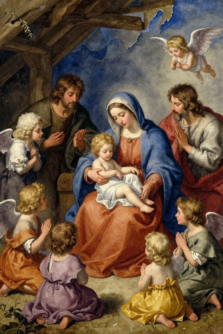 Oil-style painting of Mary holding baby Jesus with Joseph beside her in a stable, surrounded by many small winged cherubs praying.