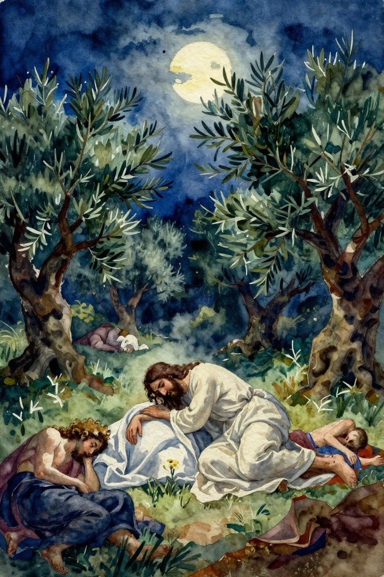 Watercolor of Jesus kneeling in white robes praying in a moonlit olive garden while three disciples sleep nearby.