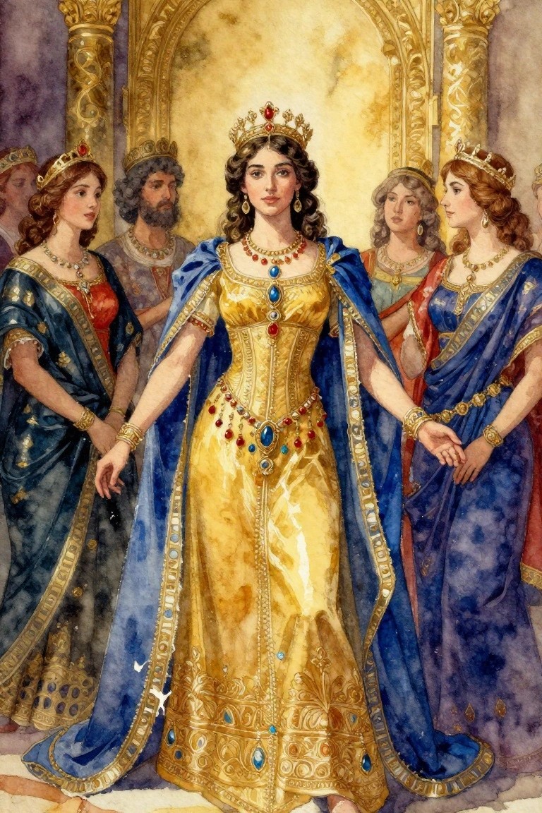 Watercolor painting of Queen Esther in a golden dress and blue cloak approaching a bearded king with attendants holding hands in a gilded palace hall.