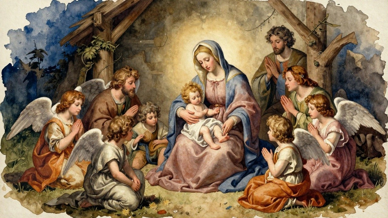 Oil-style painting of Mary holding baby Jesus with Joseph beside her in a stable, surrounded by many small winged cherubs praying.