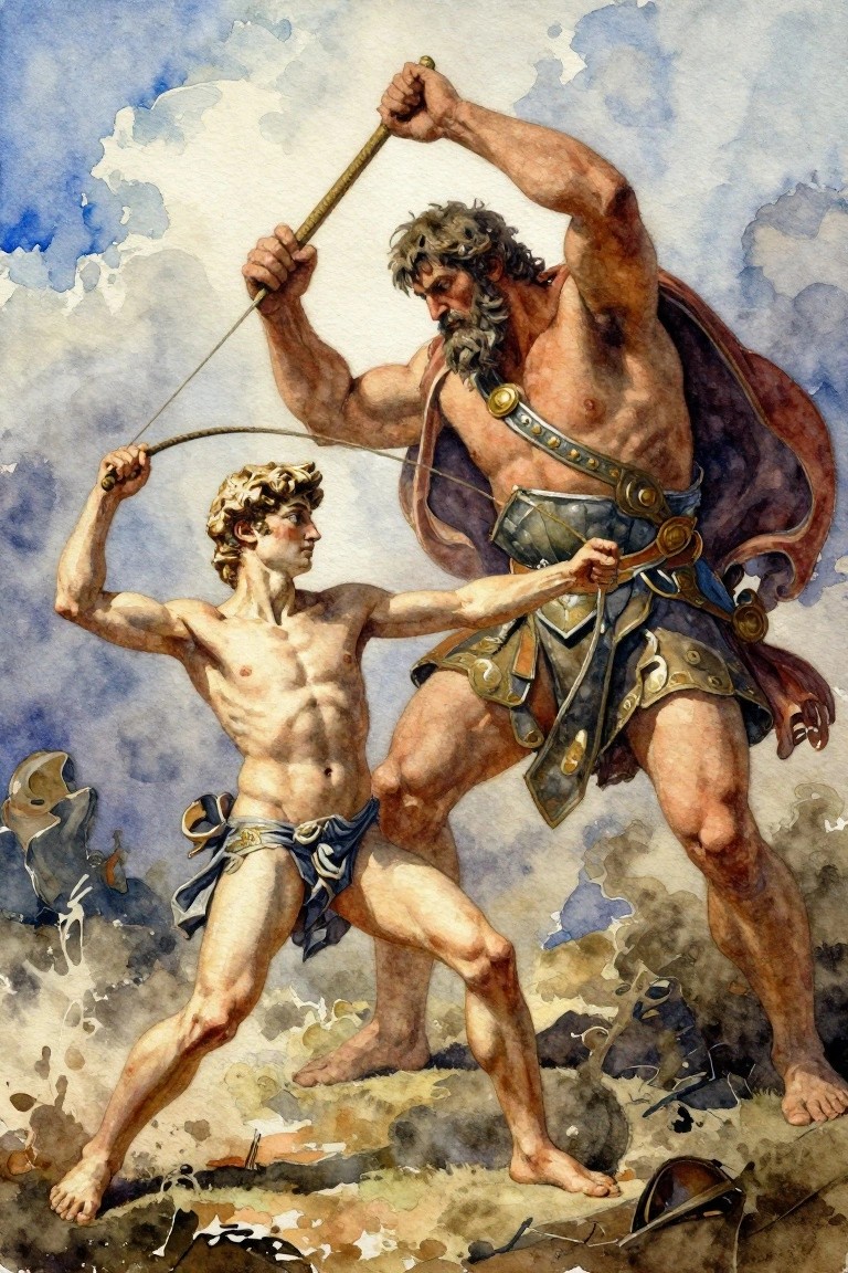 Watercolor-style painting of a massive bearded armored giant wielding a staff and whip dominating a muscular nude youth with blond curls in defensive pose against cloudy skies and rocks.