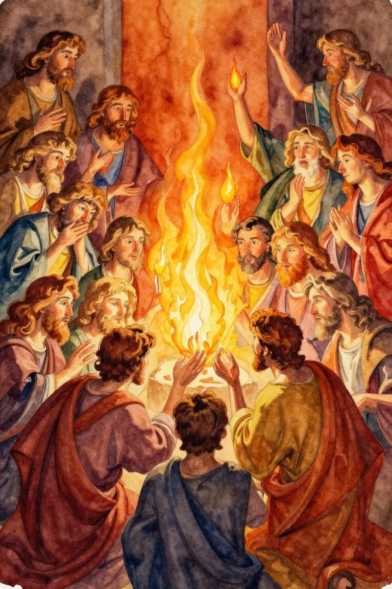 Watercolor painting of twelve bearded men in robes gathered around a central orange flame held by one figure.