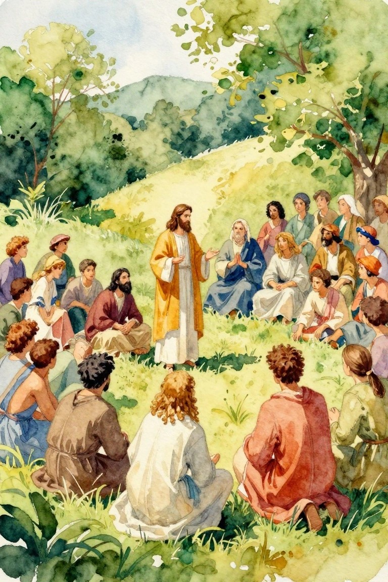 Watercolor painting of Jesus in a yellow robe standing and teaching a diverse seated crowd of followers on a grassy hillside with trees and hills in the background.