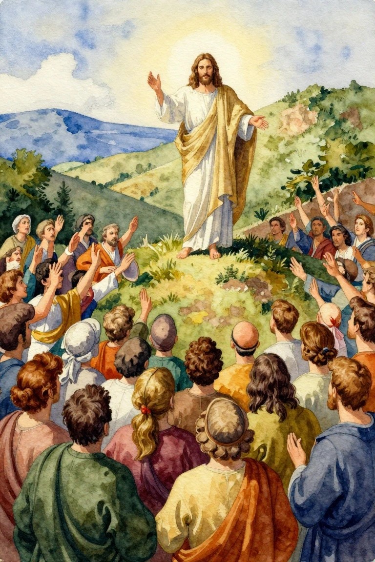 Watercolor painting of Jesus in white robes preaching with arms raised to a surrounding crowd on a green hillside with distant mountains.