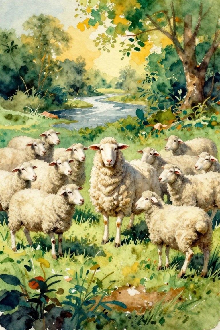 Watercolor painting of white sheep clustered in a green meadow near a river with trees and sunlight.
