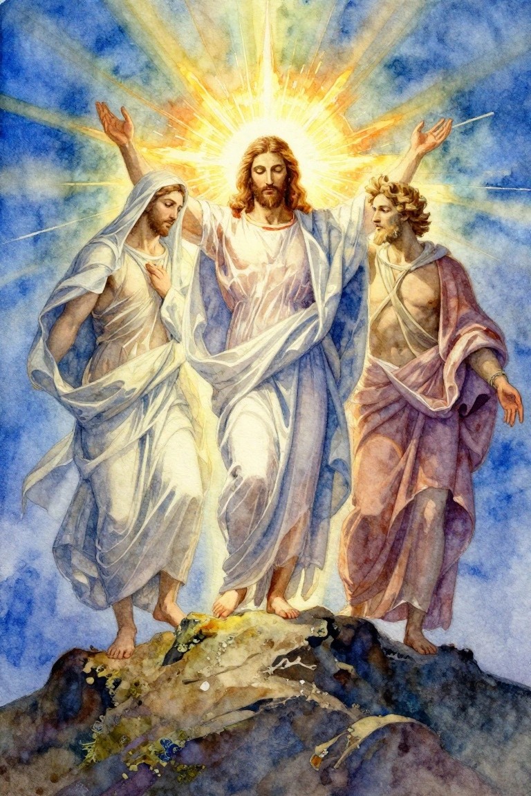 Watercolor painting of Jesus glowing with golden rays on a mountain, arms raised, flanked by Moses in white robes and Elijah in reddish robes on rocks against blue sky.