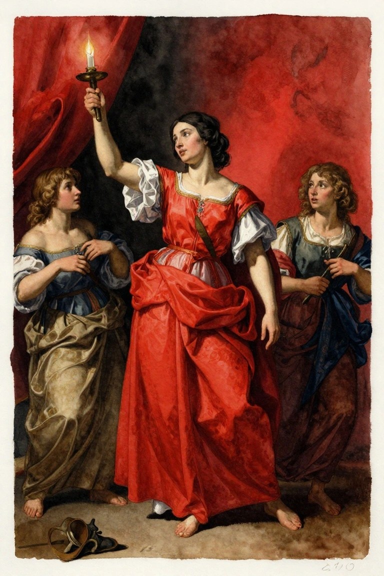 Three women in antique dresses stand barefoot on a shadowed floor with sandals nearby; the central one in red raises a lit brass candlestick high against red curtains, flanked by a woman in blue-beige and one in green-blue holding a rod.