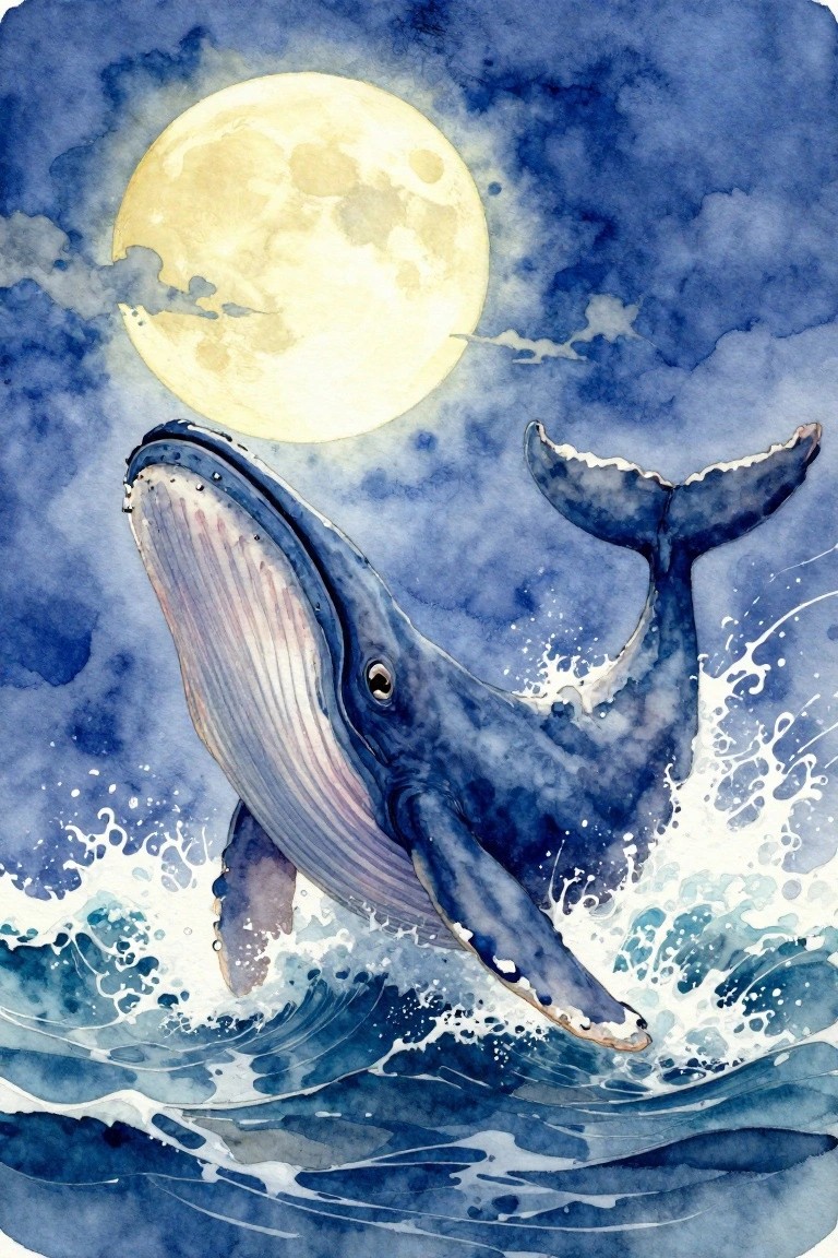 Watercolor painting of a blue humpback whale breaching from blue ocean waves under a large yellow full moon in a dark blue night sky.