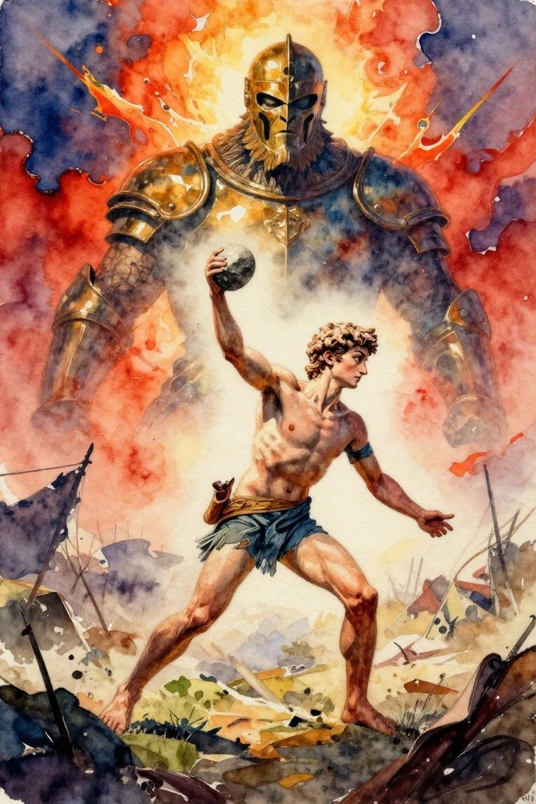 Watercolor painting of muscular young David in throwing pose before giant armored Goliath holding a stone on a fiery battlefield.